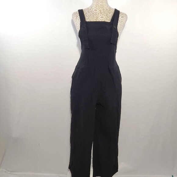 Women's Size Small Black Baggy Linen Blend Loose Fit Wide Leg Pockets Jumpsuit - Picture 1 of 14